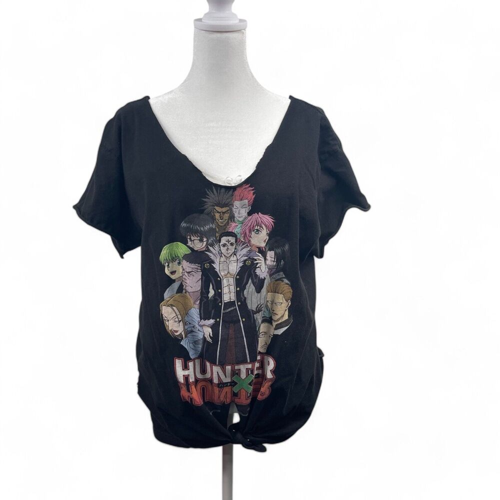 Hunter x Hunter Black Women T-shirt L Reworked Cut Out Off Shoulder Anime Tie